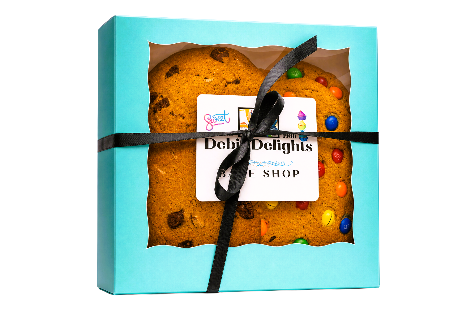 Deb's Delights Bake Shop™ signature gift box, tied with love